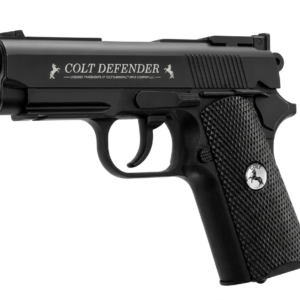 Pistola de aire CO2 Colt Defender calibre 4.5 mm con acabado negro y diseño táctico compacto para tiro deportivo.