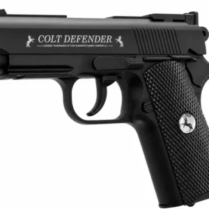 Pistola de aire comprimido Colt Defender color negra mate, vista lateral derecha, con grip texturizado y grabado en slide, fondo blanco