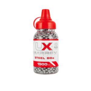 Botella de munición Umarex UX Steel BBs con 1500 balines esféricos de acero para pistolas y rifles de aire calibre 4.5 mm.
