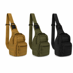 Mochila táctica cruzada de un hombro en colores caqui, verde olivo y negro con sistema MOLLE y múltiples compartimentos.