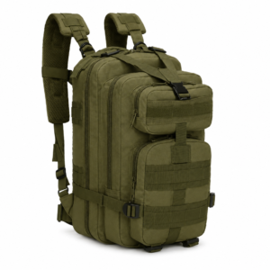 Mochila táctica militar color verde con sistema MOLLE, múltiples compartimentos y correas ajustables para actividades al aire libre.