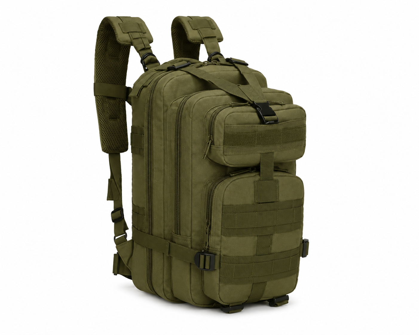 Mochila 30 Litros Premium Mochila táctica militar color verde con sistema MOLLE, múltiples compartimentos y correas ajustables para actividades al aire libre.