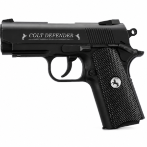 Pistola Colt Defender de aire comprimido calibre 4.5 mm con acabado negro y diseño compacto para tiro deportivo.