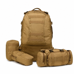 Mochila táctica modular color caqui con bolsa frontal desmontable y compartimentos MOLLE para campismo y actividades outdoor.