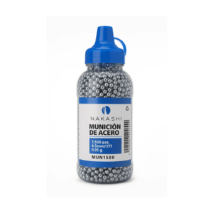 Botella de munición de acero Nakashi con 1500 BBs calibre 4.5 mm para pistolas y rifles de aire comprimido.