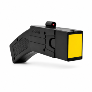 Pistola taser de defensa personal color negro con mira láser integrada y diseño ergonómico para protección y seguridad personal.
