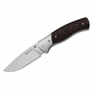 Navaja Buck 836 Selkirk de hoja fija con mango ergonómico tipo madera, funda de polímero y pedernal para actividades de supervivencia, camping y senderismo.