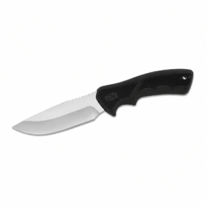 Cuchillo de hoja fija Buck USA con hoja de acero inoxidable y mango negro ergonómico antideslizante.