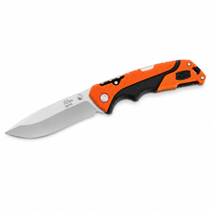 Navaja plegable Buck con hoja de acero CPM S35VN y mango ergonómico en color naranja de alta visibilidad, ideal para caza, camping y actividades al aire libre.