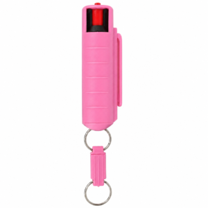 Gas pimienta rosa de defensa personal con clip para bolsillo y llavero desmontable para protección personal.