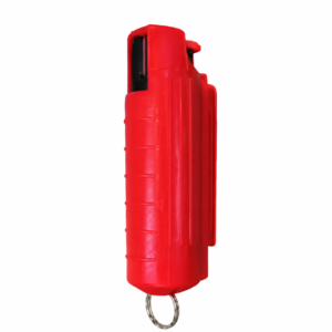 Gas pimienta de defensa personal color rojo con clip de bolsillo y llavero para protección personal.