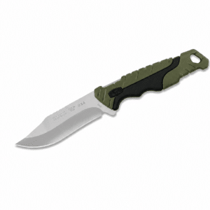 Cuchillo de hoja fija Buck USA con hoja de acero inoxidable y mango ergonómico verde y negro.
