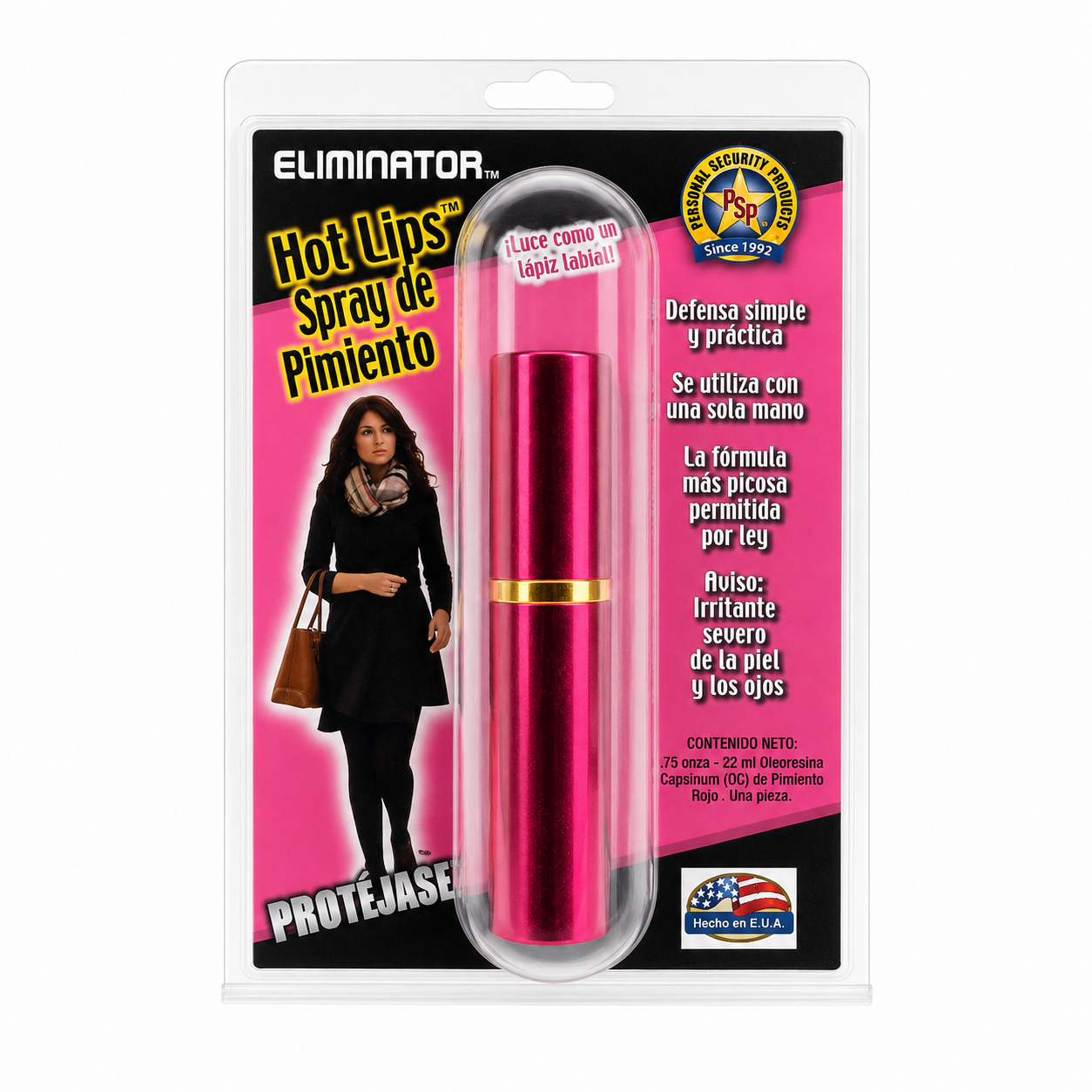 GAS PIMIENTA LÁPIZ LABIAL ROJO Gas pimienta tipo labial Eliminator Hot Lips de 22 ml color rosa metálico para defensa personal, presentado en empaque original.