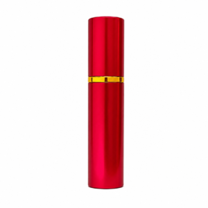 Gas pimienta tipo labial color rojo metálico con diseño discreto y portátil.