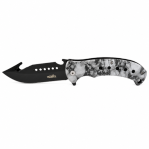 Navaja táctica Wallis plegable con hoja negra de acero inoxidable, rompevidrios, cortacinturón y mango con diseño Skull Camo, ideal para emergencia, camping y uso outdoor.