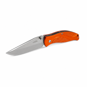 Navaja plegable Wallis con hoja de acero inoxidable satinada y mango ergonómico de aluminio color naranja, ideal para camping, senderismo, caza y uso diario.