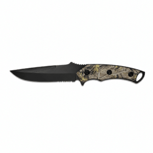 Cuchillo táctico de hoja fija con hoja negra de acero inoxidable y mango ergonómico con diseño de camuflaje.