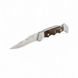 Navaja plegable Old Timer Sharpfinger 77OT con hoja de acero inoxidable, mango de madera y seguro de bloqueo, ideal para caza, camping, senderismo y uso diario.