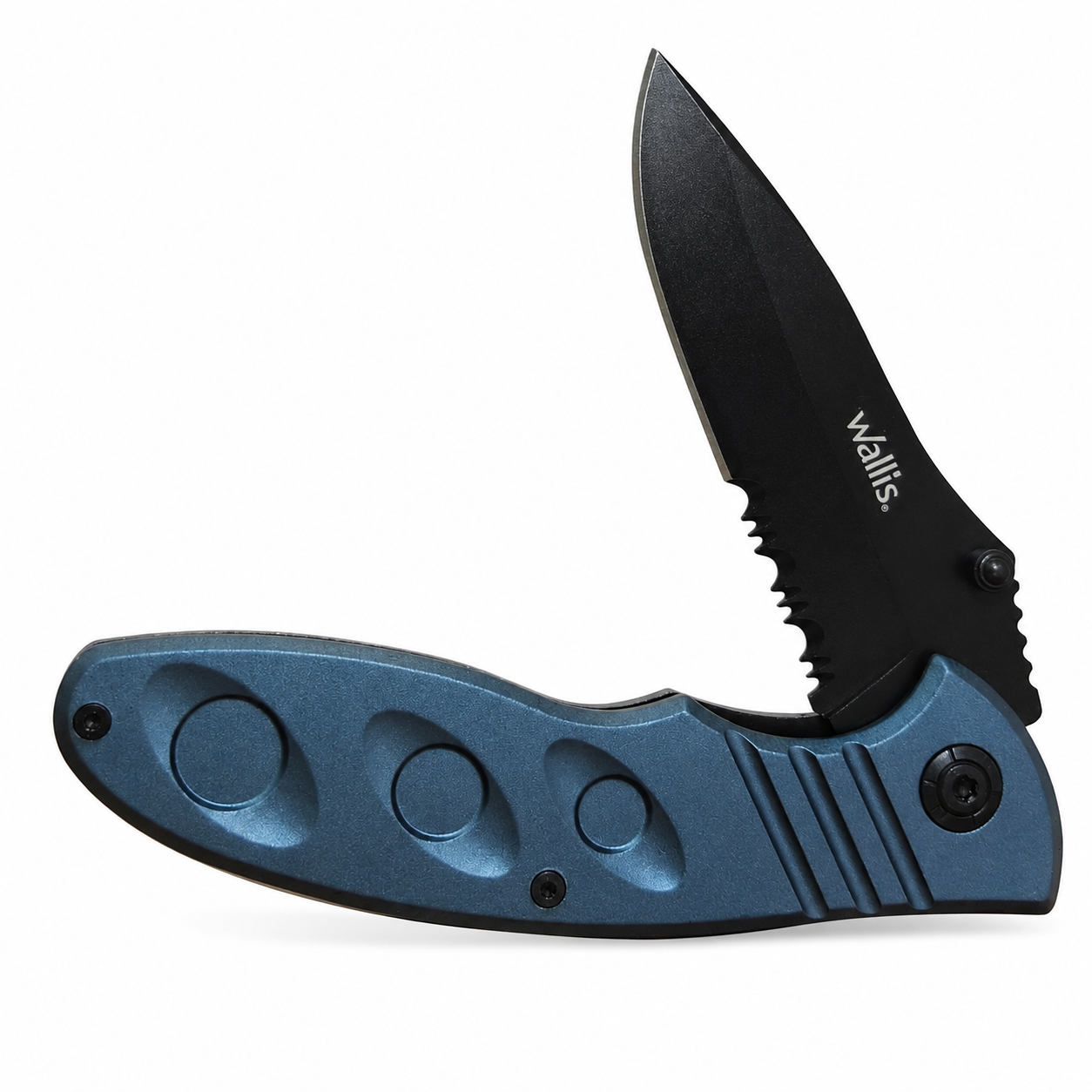 NAV,BLOQUEO,HOJA NEGRA 8CM,LISA-SIERRA, Navaja táctica Wallis plegable con hoja negra de acero inoxidable parcialmente serrada y mango ergonómico de aluminio color azul, ideal para camping, supervivencia y uso diario.