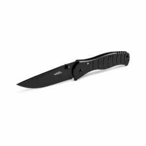 Navaja táctica Wallis plegable con hoja de acero inoxidable de acabado negro y mango ergonómico negro, ideal para camping, senderismo, supervivencia y uso diario.