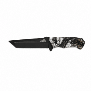 Navaja plegable Wallis con hoja tipo Tanto negra de acero inoxidable y mango con acabado de camuflaje.