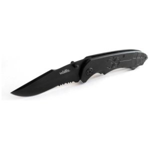 NAVAJA C/MANGO METAL NEGRO CON CLIP,HOJA LISA-SIERRA DE 8 CM