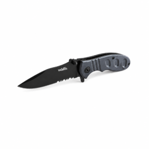 Navaja táctica Wallis plegable con hoja negra de acero inoxidable parcialmente serrada y mango ergonómico de aluminio color azul, ideal para camping, supervivencia y uso diario.