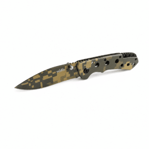 Navaja táctica Wallis plegable con hoja de acero inoxidable y acabado camuflaje digital, mango ergonómico de aluminio y clip de bolsillo para camping, supervivencia y uso diario.
