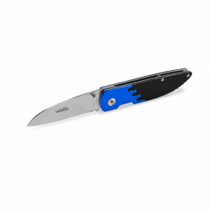 Navaja plegable Wallis con hoja de acero inoxidable satinada y mango ergonómico bicolor azul y negro de aluminio, ideal para camping, senderismo y uso diario.
