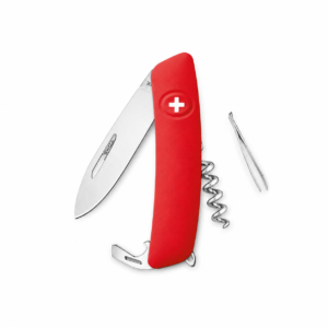 Navaja multiusos Swiza color rojo con hoja de acero inoxidable, sacacorchos, destapador y pinzas, ideal para camping, senderismo, viajes y uso diario.