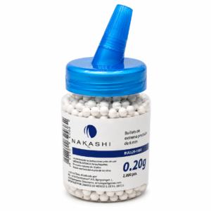 Botella de balines BBs Nakashi 0.20 g calibre 6 mm con 1000 piezas para airsoft.