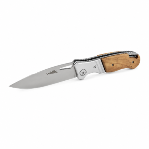 Navaja plegable Wallis con hoja de acero inoxidable y mango de madera, ideal para camping, senderismo, caza, pesca y uso diario.