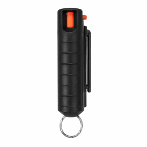 Gas pimienta negro de defensa personal con clip para cinturón y argolla para llavero, diseño compacto y portátil.