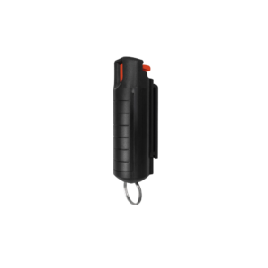 Gas pimienta compacto color negro con clip para cinturón y anillo llavero para defensa personal portátil.