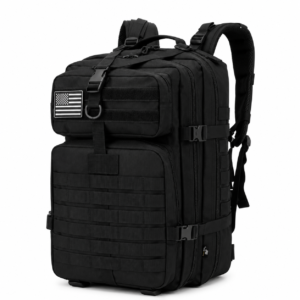 Mochila táctica militar negra de gran capacidad con múltiples compartimentos y sistema MOLLE para campismo, senderismo y actividades outdoor.