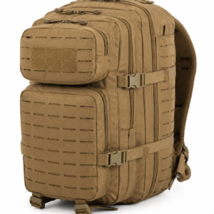 Mochila táctica militar color coyote con sistema Laser Cut MOLLE, múltiples compartimentos y gran capacidad para campismo, supervivencia y actividades outdoor.