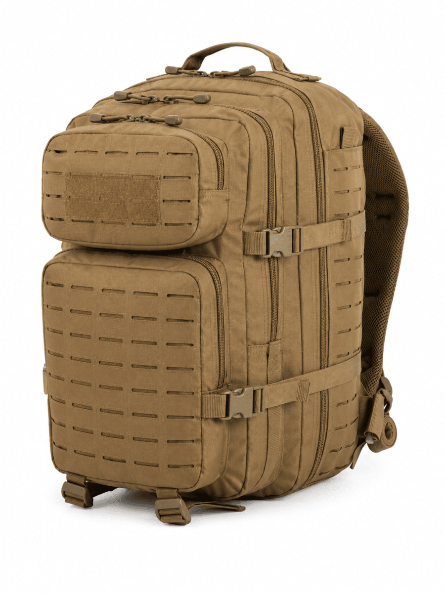 Mochila táctica militar color coyote con sistema Laser Cut MOLLE, múltiples compartimentos y gran capacidad para campismo, supervivencia y actividades outdoor.