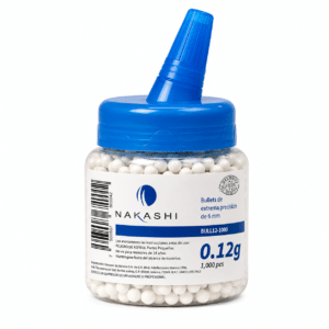 Botella de balines BBs Nakashi 0.12 g calibre 6 mm con 1000 piezas para pistolas y rifles de airsoft.