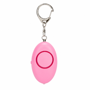 Alarma personal color rosa con llavero metálico y botón de activación para seguridad y protección personal.