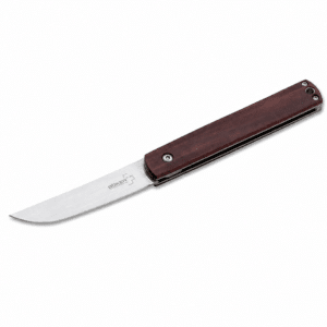 Navaja plegable Böker Plus con hoja de acero inoxidable y mango de madera color café.