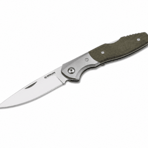 Navaja Böker Magnum plegable con hoja de acero inoxidable y mango verde texturizado, ideal para camping, senderismo, pesca, supervivencia y uso diario (EDC).