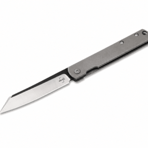 Navaja plegable Böker Plus con hoja tipo Tanto de acero inoxidable y mango metálico color gris.