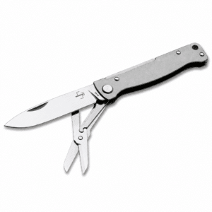 Navaja multifunción plegable de acero inoxidable con tijeras integradas, ideal para camping, senderismo, pesca, supervivencia y uso diario.