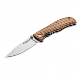 Navaja plegable Magnum by Böker con hoja de acero inoxidable y mango de madera natural.