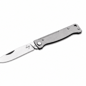 Navaja plegable de acero inoxidable con mango metálico y seguro de bloqueo, ideal para camping, senderismo, pesca, caza y supervivencia.