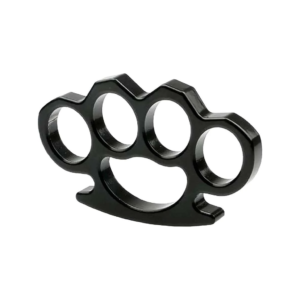 Manopla metálica color negro tipo nudillera para defensa personal con diseño ergonómico de cuatro dedos.