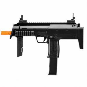 Subfusil de airsoft estilo UZI negro con culata retráctil, empuñadura frontal y riel táctico.