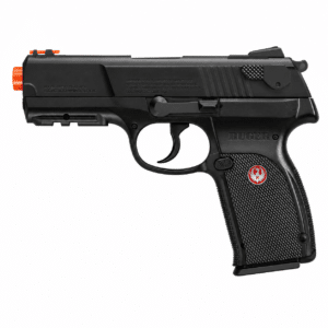 Pistola de airsoft Ruger P345 negra con diseño táctico y riel para accesorios.