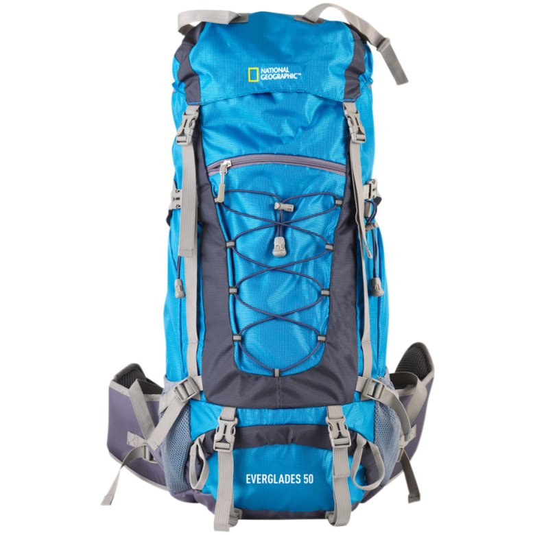 Mochila Para Montana EVERGLADES 50 L, Silbato SOS, Cubre Mochila Repelente Al Agua, 32x23x68 Cm, Azul