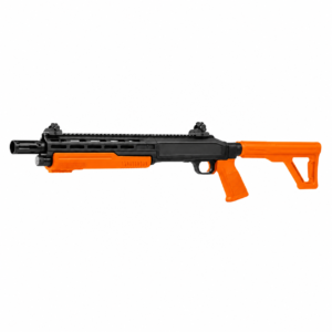Escopeta traumática táctica calibre .68 color negro y naranja con culata ergonómica y diseño moderno.